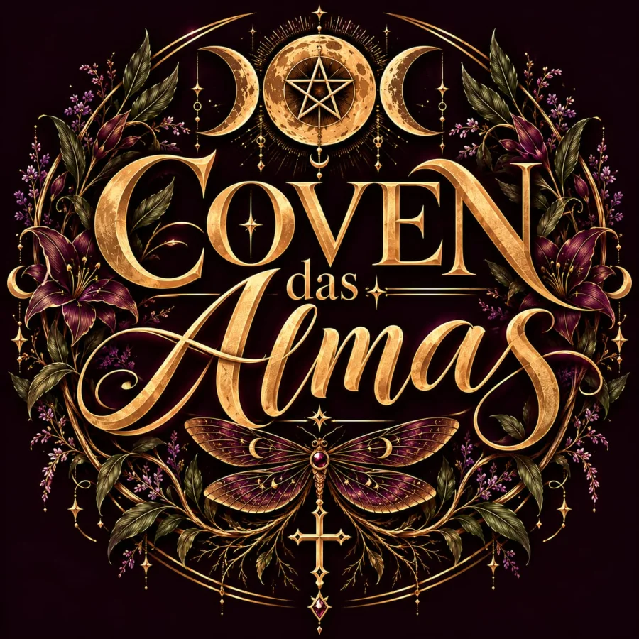 Logotipo do Coven das Almas: lua tripla com pentagrama, lírios, lavanda e uma libélula em dourado
