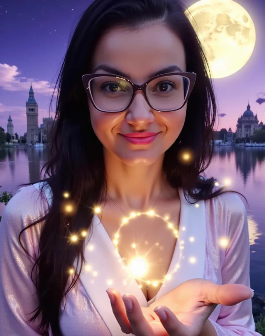 Kalina sob a lua cheia segurando uma luz na palma da mão