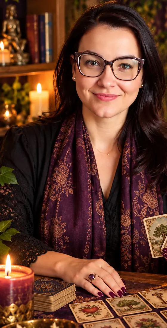 Kalina à mesa de leitura com cartas Lenormand abertas e velas acesas
