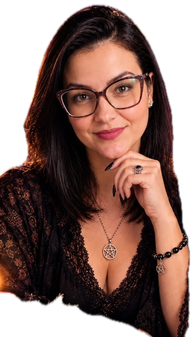 Nathiele, a Bruxa Kalina, sorrindo, com colar de pentagrama